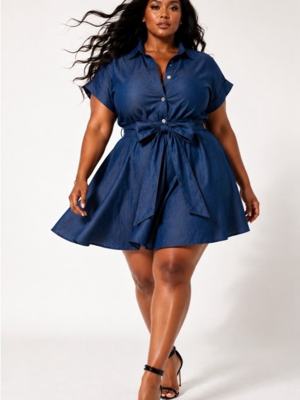 Classic Tie-Waist Shirt Dress in Navy Blue